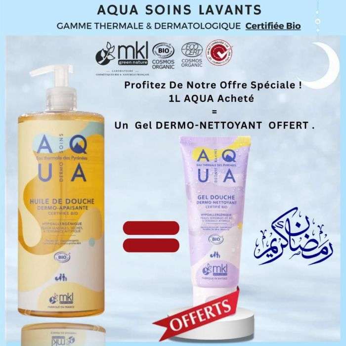 MKL OFFRE AQUA HUILE DE DOUCHE DERMO APAISANTE 1 L + GEL DOUCHE DERMO NETTOYANT OFFERT