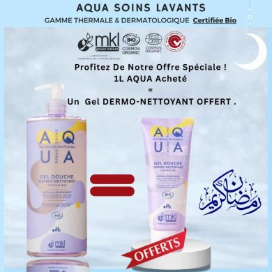 MKL OFFRE AQUA DERMO SOINS GEL DOUCHE DERMO NETTOYANT BIO 1 L + GEL DOUCHE DERMO NETTOYANT 100ML OFFERT