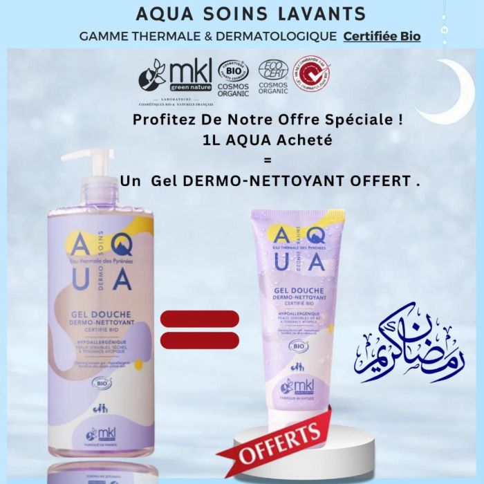MKL OFFRE AQUA DERMO SOINS GEL DOUCHE DERMO NETTOYANT BIO 1 L + GEL DOUCHE DERMO NETTOYANT 100ML OFFERT