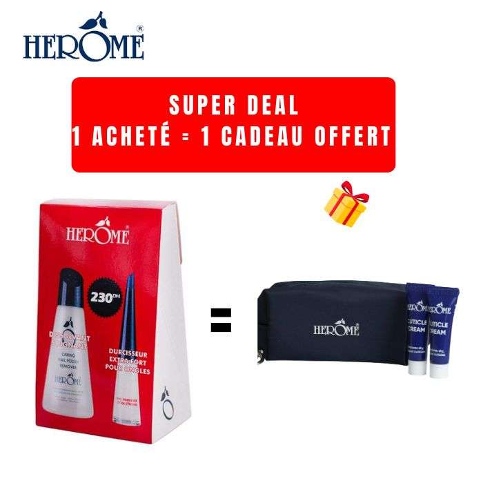HEROME OFFRE DISSOLVANT SOIGNANT 120ML + DURCISSEUR EXTRA FORT POUR ONGLES 10ML + MINI TROUSSE+ 2 MINI SOINS OFFERTS