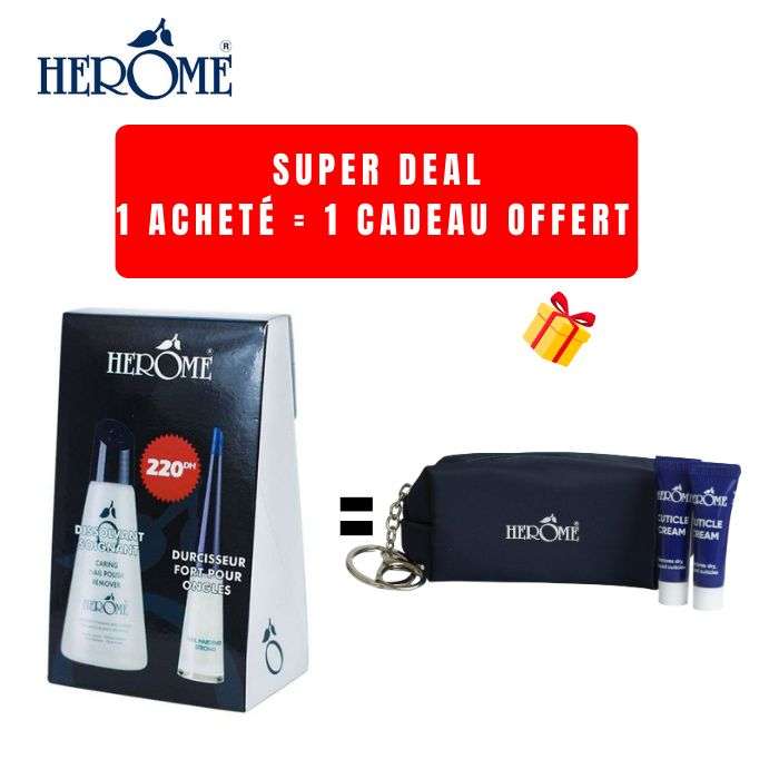 HEROME OFFRE DISSOLVANT SOIGNANT 120ML + DURCISSEUR FORT POUR ONGLES 10ML + MINI TROUSSE + 2 MINI SOINS OFFERTS
