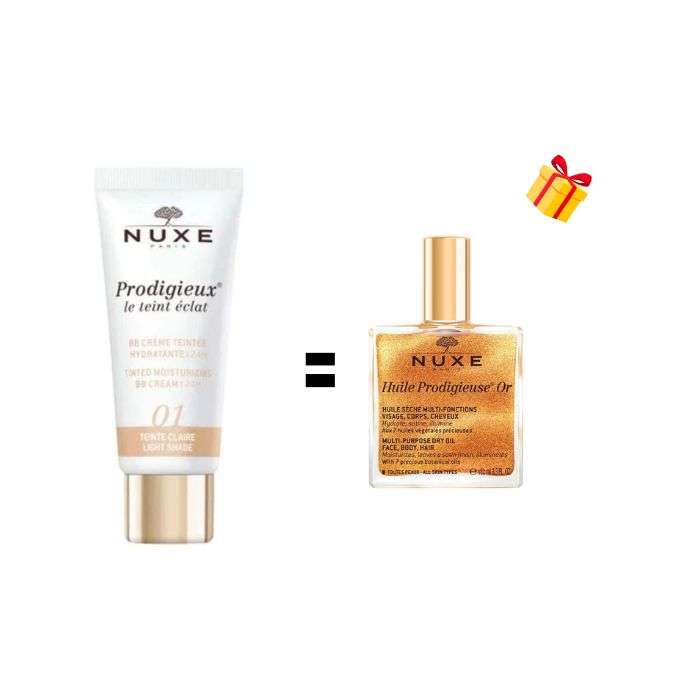 NUXE OFFRE PRODIGIEUX LE TEINT ECLAT 01 BB CREME HYDRATANTE CLAIRE 30 ML + HUILE PRODIGIEUSE OR 10ML OFFERTE