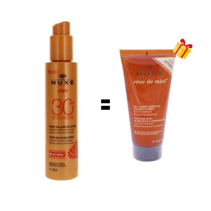 NUXE OFFRE SUN SPRAY SOLAIRE DELICIEUX 150 ML SPF 30 + GEL LAVANT SURGRAS VISAGE ET CORPS 100 ML