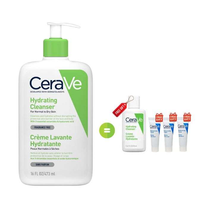 CERAVE OFFRE CREME LAVANTE HYDRATANTE 473 ML + CREME LAVANTE 20 ML ET 3 BAUME HYDRATANT 5 ML FORMAT VOYAGE OFFERT