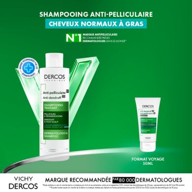 VICHY OFFRE DERCOS SHAMPOOING ANTI PELLICULAIRE CHEVEUX NORMAUX A GRAS 200 ML + FORMAT VOYAGE 50ML OFFERT
