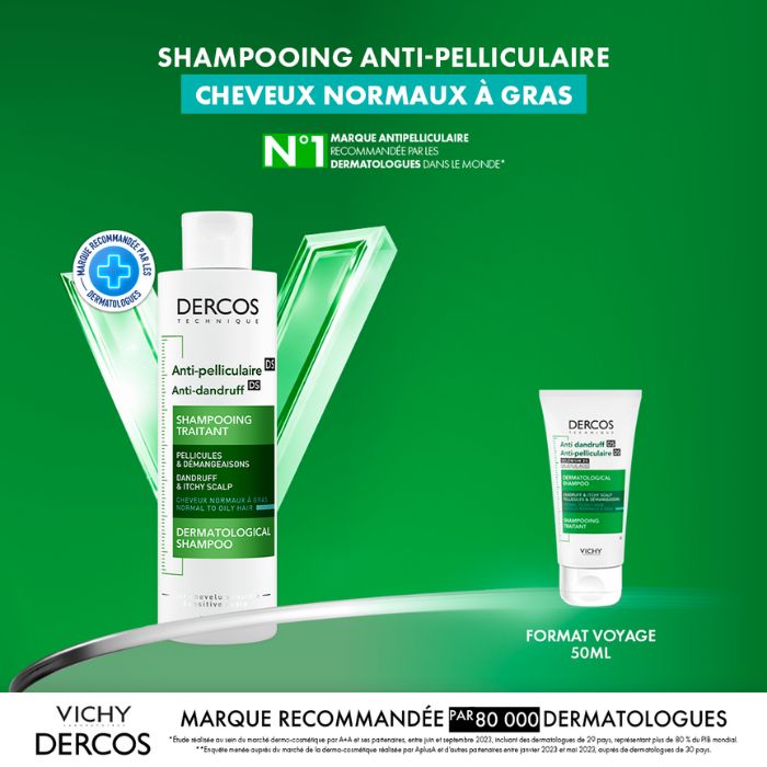 VICHY OFFRE DERCOS SHAMPOOING ANTI PELLICULAIRE CHEVEUX NORMAUX A GRAS 200 ML + FORMAT VOYAGE 50ML OFFERT