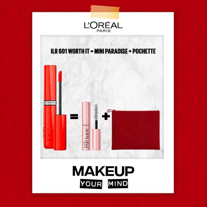 L'OREAL PARIS INFAILLIBLE LIQUIDE RESISTANCE ROUGE A LEVRE 601 + MINI MASCARA ET TROUSSE OFFERTES