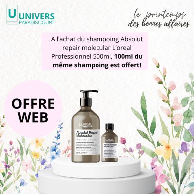 L'OREAL PROFESSIONNEL OFFRE WEB ABSOLUT REPAIR MOLECULAR SHAMPOOING PROFESSIONNEL SANS SULFATE 500 ML + SHAMPOOING 100ML OFFERT