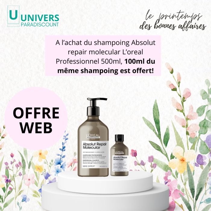 L'OREAL PROFESSIONNEL OFFRE WEB ABSOLUT REPAIR MOLECULAR SHAMPOOING PROFESSIONNEL SANS SULFATE 500 ML + SHAMPOOING 100ML OFFERT
