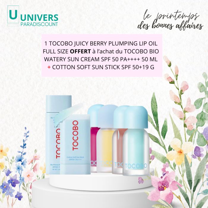 TOCOBO OFFRE WATERY SUN CREAM SPF50+ COTTON SOFT SUN STICK + JUICY BERRY LIP OIL OFFERT