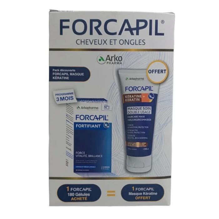 FORCAPIL OFFRE CHEVEUX ET ONGLES 180 GELULES + MASQUE SOIN DOUBLE USAGE KERATINE 200 ML OFFERT