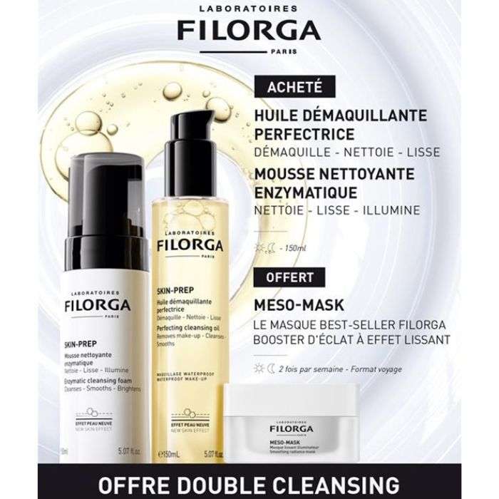 FILORGA OFFRE DOUBLE CLEANSING A L ACHAT DE LA MOUSSE NETTOYANTE ET HUILE DEMAQUILLANATE UN MESO MASK 15 ML OFFERT