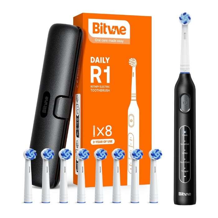 BITVAE DAILY R1 ROTARY ELECTRIC TOOTHBRUSH x 8 REPLACEABLE BRUSH HEADS