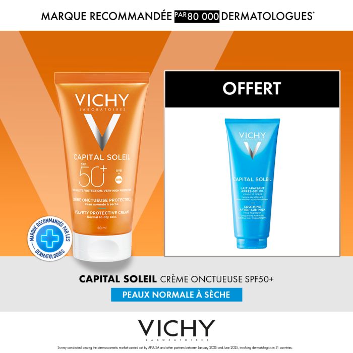 VICHY OFFRE CAPITAL SOLEIL CREME ONCTUEUSE PROTECTRICE PEAU NORMALE A SECHE SPF 50+ 50 ML + CAPITAL SOLEIL 100 ML OFFERT