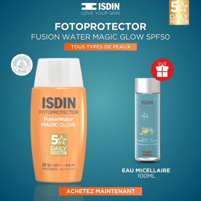 ISDIN OFFRE WEB FOTOPROTECTOR FUSION WATER MAGIC GLOW SPF50 50ML + MICELLAR SOLUTION 100 ML OFFERTE