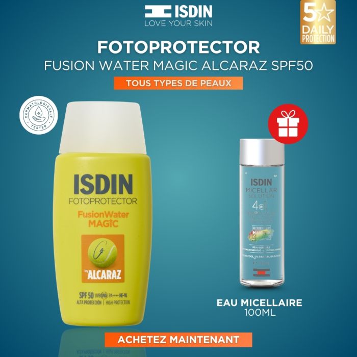 ISDIN OFFRE WEB FOTOPROTECTOR FUSION WATER MAGIC SPF 50 BY ALCARAZ 50 ML + MICELLAR SOLUTION 100 ML OFFERTE