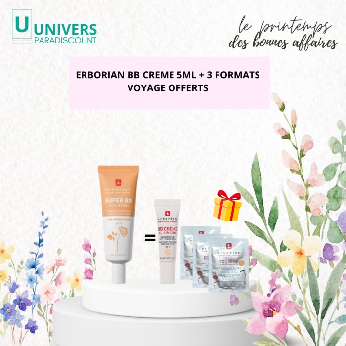 ERBORIAN OFFRE SUPER BB CREME COUVRANTE AU GINSENG CREME TEINT DORE SPF20 40 ML + BB CREME 5 ML ET 3 FORMATS VOYAGE OFFERTS