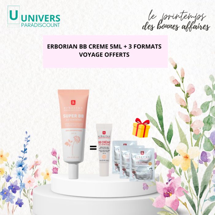 ERBORIAN OFFRE SUPER BB CREME COUVRANTE AU GINSENG CREME TEINT CLAIR SPF20 40 ML + BB CREME 5 ML ET 3 FORMATS VOYAGE OFFERTS