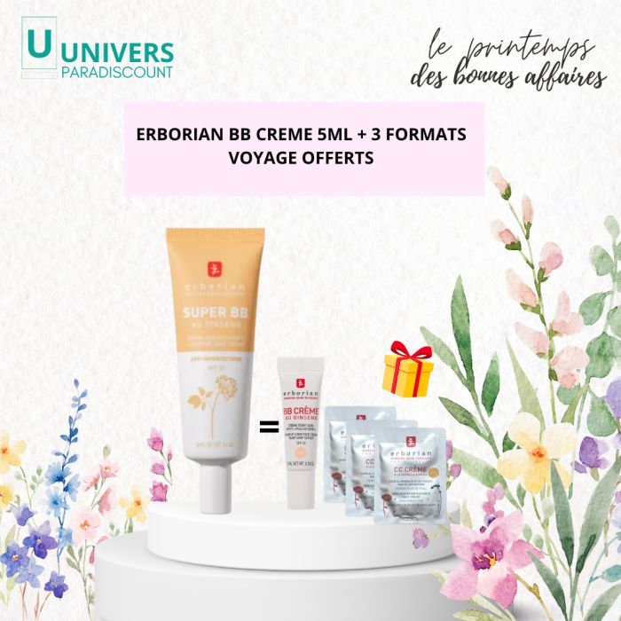 ERBORIAN OFFRE SUPER BB AU GINSENG CREME SOIN COUVRANTE SPF 20 NUDE 40 ML + BB CREME 5 ML ET 3 FORMATS VOYAGE OFFERTS