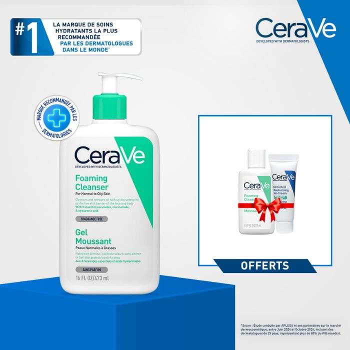 CERAVE OFFRE GEL MOUSSANT PEAUX NORMALES A GRASSES 473 ML +2 FORMATS VOYAGES OFFERTS