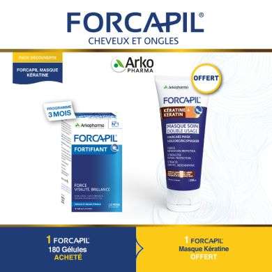 FORCAPIL OFFRE CHEVEUX ET ONGLES 180 GELULES + MASQUE SOIN DOUBLE USAGE KERATINE 200 ML OFFERT