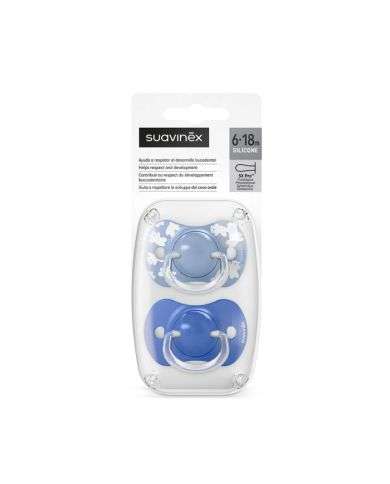 SUAVINEX LOT DE 2 SUCETTES PHYSIOLOGIQUES TETINE SILICONE 6-18M WILD AND FREE BLEU