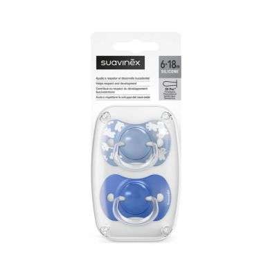 SUAVINEX LOT DE 2 SUCETTES PHYSIOLOGIQUES TETINE SILICONE 6-18M WILD AND FREE BLEU