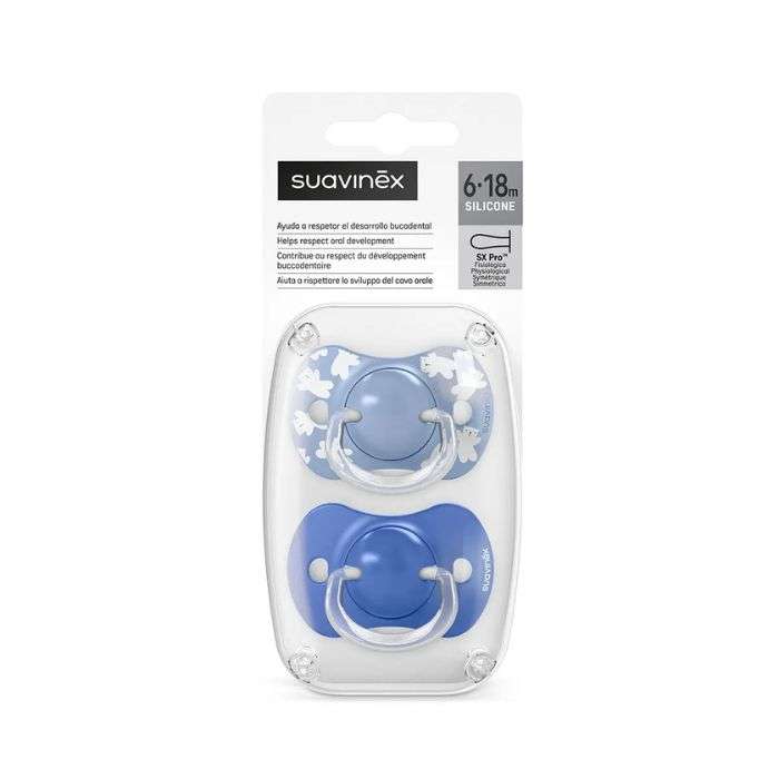 SUAVINEX LOT DE 2 SUCETTES PHYSIOLOGIQUES TETINE SILICONE 6-18M WILD AND FREE BLEU