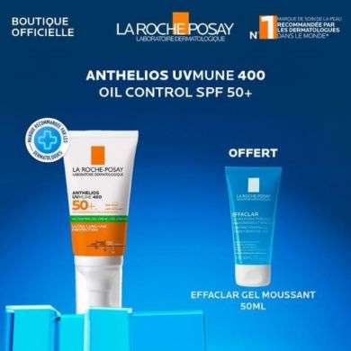 LA ROCHE POSAY OFFRE ANTHELIOS UVMUNE400 OIL CONTROL INVISIBLE SPF50+ 50ML + EFFACLAR GEL MOUSSANT 50ML OFFERT