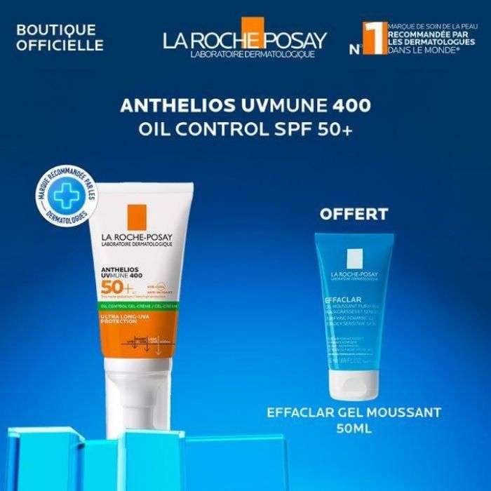 LA ROCHE POSAY OFFRE ANTHELIOS UVMUNE400 OIL CONTROL INVISIBLE SPF50+ 50ML + EFFACLAR GEL MOUSSANT 50ML OFFERT