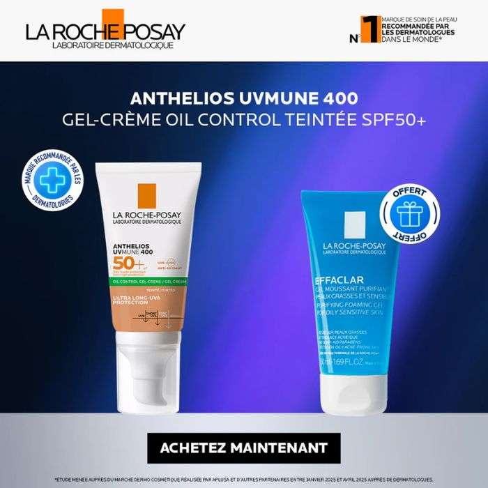 LA ROCHE POSAY OFFRE ANTHELIOS UVMUNE 400 GEL CREME OIL CONTROL TEINTE SPF 50 + EFFACLAR GEL MOUSSANT 50ML OFFERT