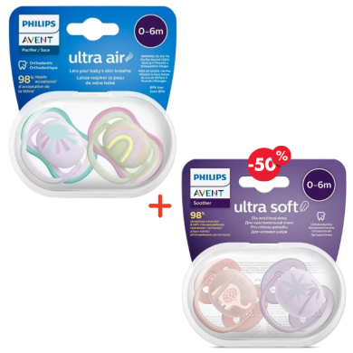 AVENT OFFRE SUCETTE ORTHODONIC ULTRA AIR PEAU SENSIBLE 0-6 MOIS GIRL PACK DE 2 + 2EME ULTRA SOFT PACK DE 2 A -50%