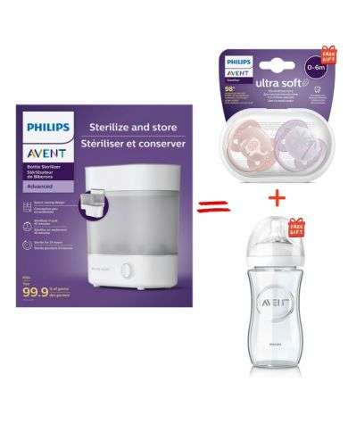 AVENT OFFRE STERILISATEUR DE BIBERONS ADVANCED + BIBERON NATURAL GLASS 240 ML ET SUCETTES ULTRA SOFT 0-6 MOIS OFFERTES