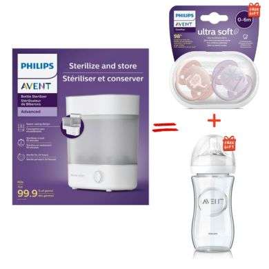 AVENT OFFRE STERILISER ET CONSERVER ADVANCED + BIBERON NATURAL GLASS 240 ML ET SUCETTES ULTRA SOFT 0-6 MOIS OFFERTES