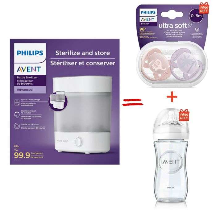 AVENT OFFRE STERILISER ET CONSERVER ADVANCED + BIBERON NATURAL GLASS 240 ML ET SUCETTES ULTRA SOFT 0-6 MOIS OFFERTES