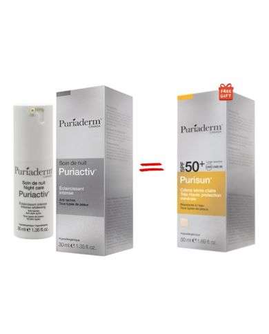 PURIADERM OFFRE PURIACTIV SOIN DE NUIT ECLAIRCISSANT INTENSE 30 ML + PURISUN CREME TEINTE CLAIRE SPF 50+ 50 ML OFFERTE