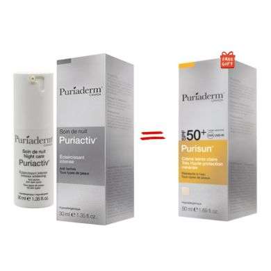 PURIADERM OFFRE PURIACTIV SOIN DE NUIT ECLAIRCISSANT INTENSE 30 ML + PURISUN CREME TEINTE CLAIRE SPF 50+ 50 ML OFFERTE