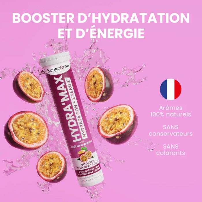 SANTAROME HYDRA MAX HYDRATATION + ENERGIE GOUT FRUIT DE PASSION 20 PASTILLES EFFERVESCENTES