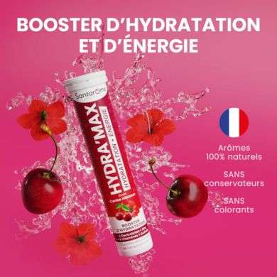 SANTAROME HYDRA MAX HYDRATATION + ENERGIE GOUT CERISE HIBISCUS 20 PASTILLES EFFERVESCENTES