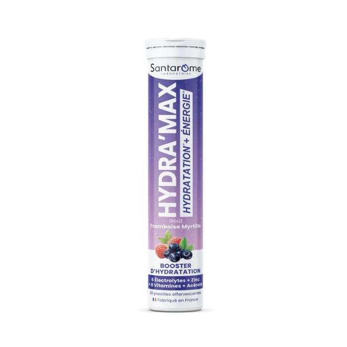 SANTAROME HYDRA MAX HYDRATATION + ENERGIE GOUT FRAMBOISE MYRTILLE 20 PASTILLES EFFERVESCENTES