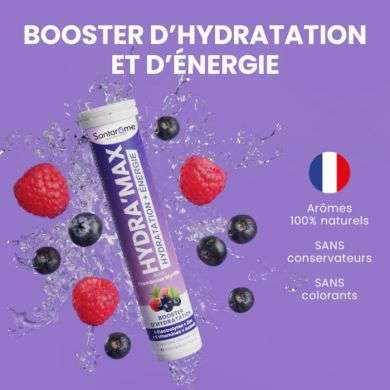 SANTAROME HYDRA MAX HYDRATATION + ENERGIE GOUT FRAMBOISE MYRTILLE 20 PASTILLES EFFERVESCENTES