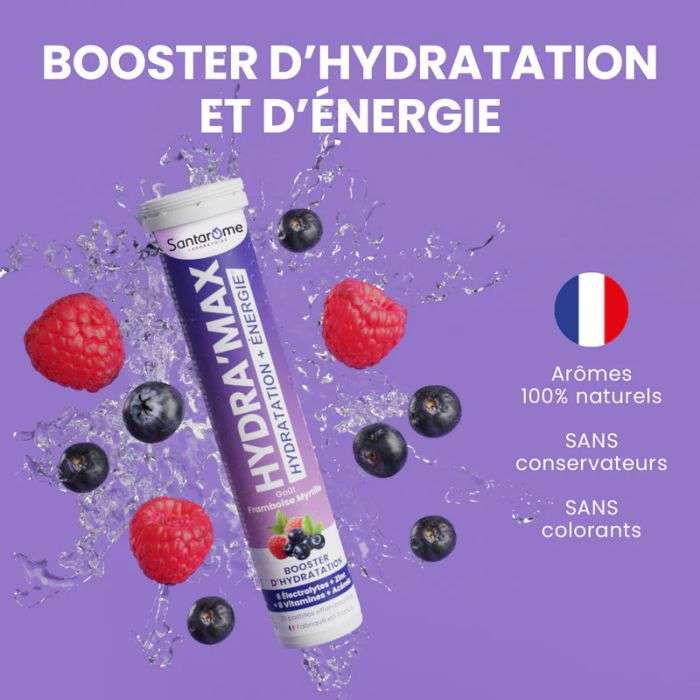 SANTAROME HYDRA MAX HYDRATATION + ENERGIE GOUT FRAMBOISE MYRTILLE 20 PASTILLES EFFERVESCENTES