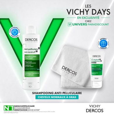 VICHY OFFRE DERCOS SHAMPOOING ANTI PELLICULAIRE CHEVEUX NORMAUX A GRAS 200 ML + UN FORMAT VOYAGE ET UNE SERVIETTE DERCOS OFFERTE