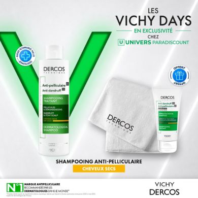 VICHY DERCOS OFFRE SHAMPOING ANTI PELLICULAIRE DS CHEVEUX SECS 200 ML + UN FORMAT VOYAGE ET UNE SERVIETTE DERCOS OFFERTS