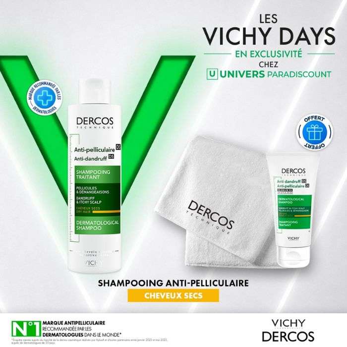 VICHY DERCOS OFFRE SHAMPOING ANTI PELLICULAIRE DS CHEVEUX SECS 200 ML + UN FORMAT VOYAGE ET UNE SERVIETTE DERCOS OFFERTS