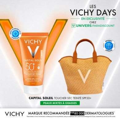 VICHY OFFRE CAPITAL SOLEIL BB EMULSION ANTI-BRILLANCE TEINTEE TOUCHER SEC 50 ML + SAC OFFERT