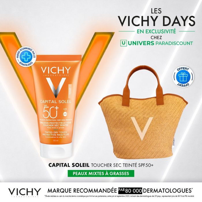 VICHY OFFRE CAPITAL SOLEIL BB EMULSION ANTI-BRILLANCE TEINTEE TOUCHER SEC 50 ML + SAC OFFERT