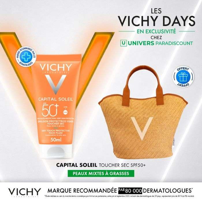 VICHY CAPITAL SOLEIL EMULSION PROTECTRICE ANTI BRILLANCE PEAU MIXTE A GRASSE SPF 50+ 50 ML + SAC OFFERT