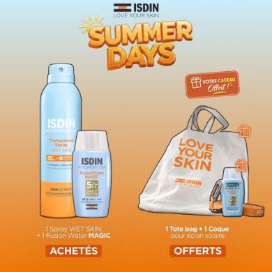 ISDIN OFFRE SPRAY WET SKIN + FUSION WATER MAGIC ACHETES + TOTE BAG ET COQUE ECRAN OFFERTS