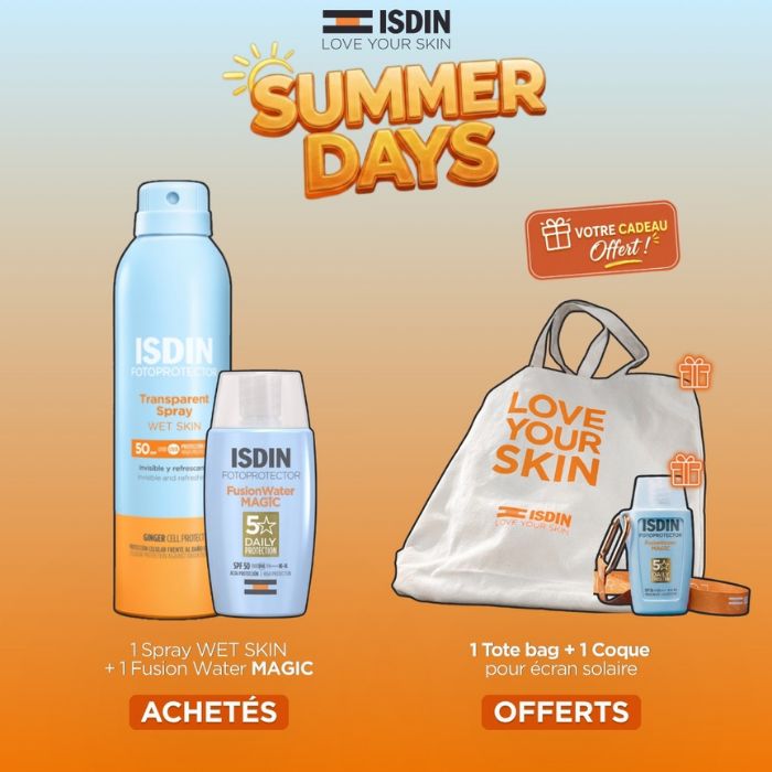 ISDIN OFFRE SPRAY WET SKIN + FUSION WATER MAGIC ACHETES + TOTE BAG ET COQUE ECRAN OFFERTS